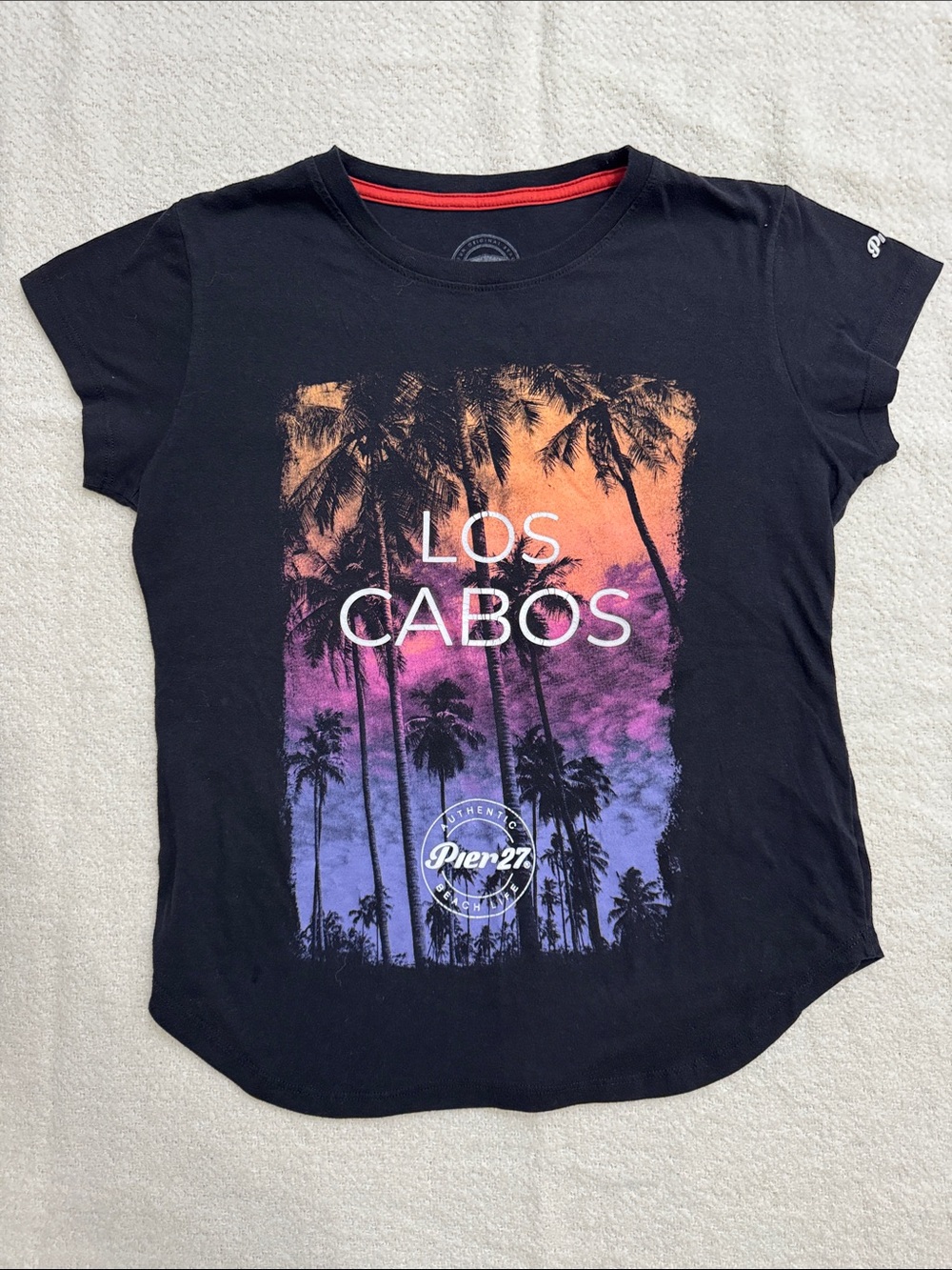 Los Cabos Black Graphic Tee - Sunset Palm Print